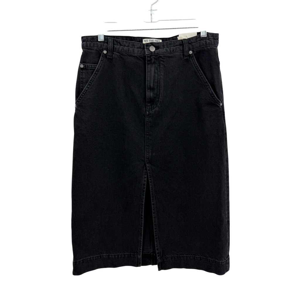 Free People Wild Roses Denim Skirt Womens SZ 29 Black Long High Slit Casual NEW